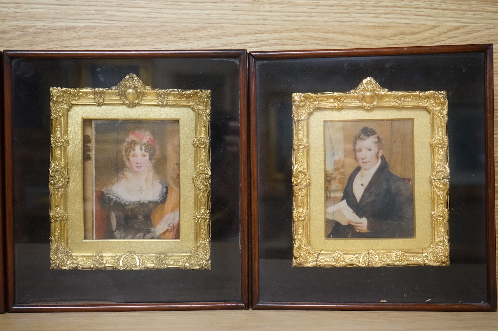 English School, 19th-century, a set of four family portrait miniatures on ivory, each separately gilt framed, each miniature 10 x 8cm CITES Submission reference HQ8QKRKP